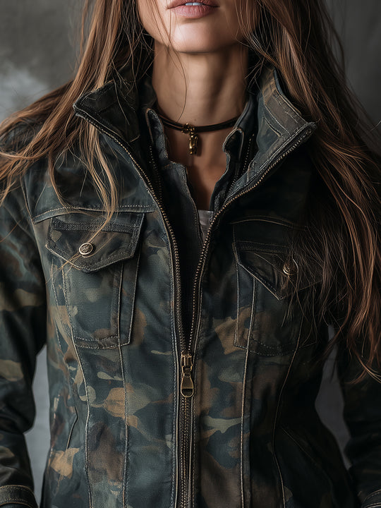 Bohemian Camouflage Bell Cuff Denim Jacket