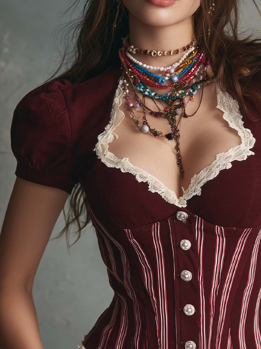 Bohemian Vintage Striped Lace-Trim Corset Top