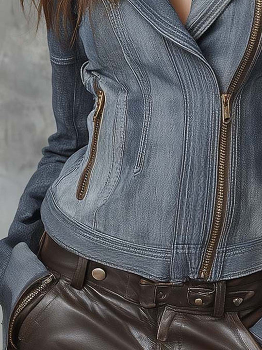 Two-Tone Cotton Denim Moto Jacket With Eco-Suede Shoulder Panels