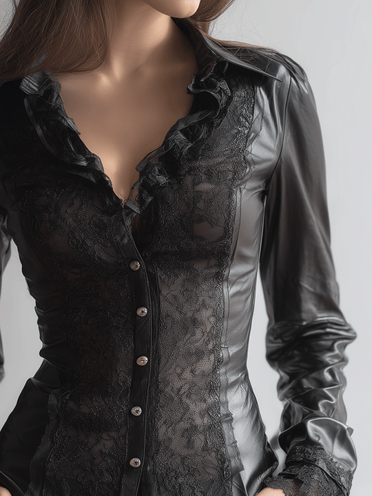 Vintage Gothic Lace Faux Leather Fitted  Blouse