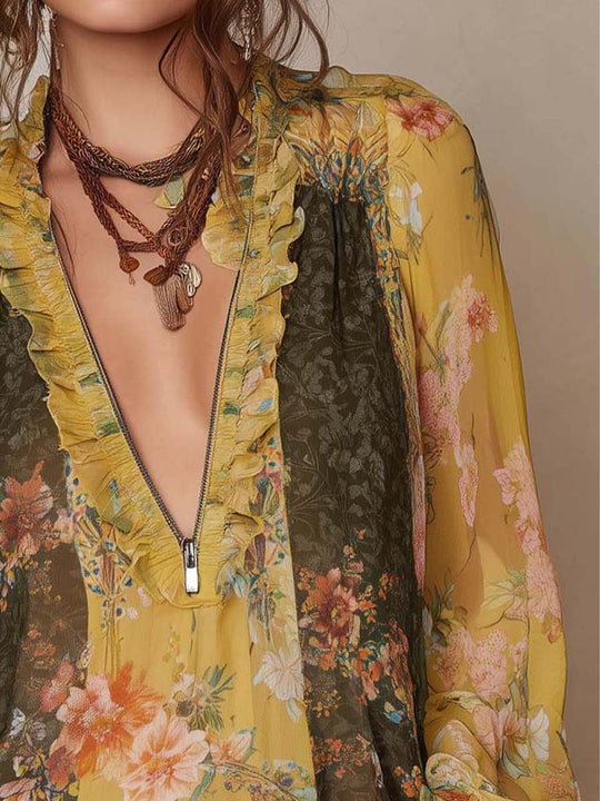 Zip-Front Ruffled Floral Chiffon Blouse