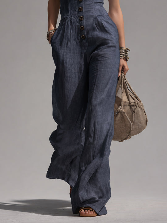 Vintage Cotton Sleeveless Straight-leg Jumpsuit With Ruffle Trim