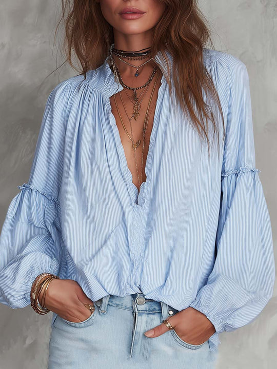 Retro Ruffle Neck Drop-shoulder Striped Blouse