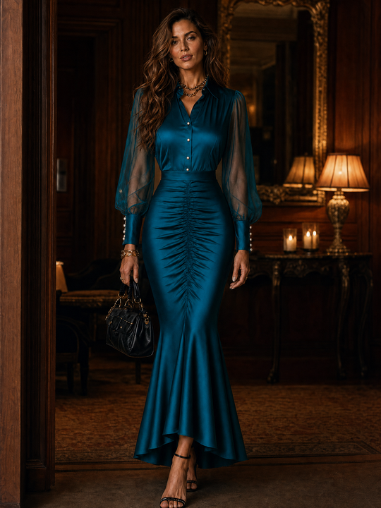 Retro Elegant  Sheer Puff Sleeves Teal Satin Ruched Mermaid Maxi Dress