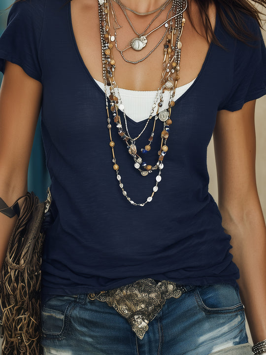 Retro-style Faux Two-piece Knitted Short-sleeved T-shirt