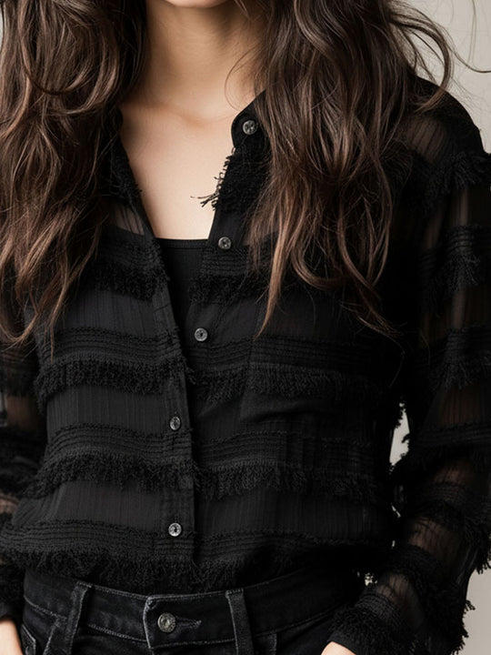 Chic Dual-Layer Black Sheer Textured Blouse & Satin Camisole Set