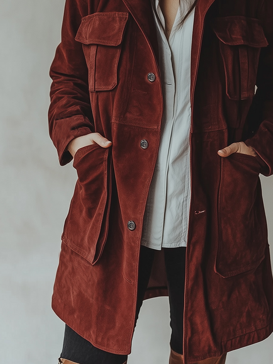 Vintage Waist Belt Button Down Suede Trench Coat