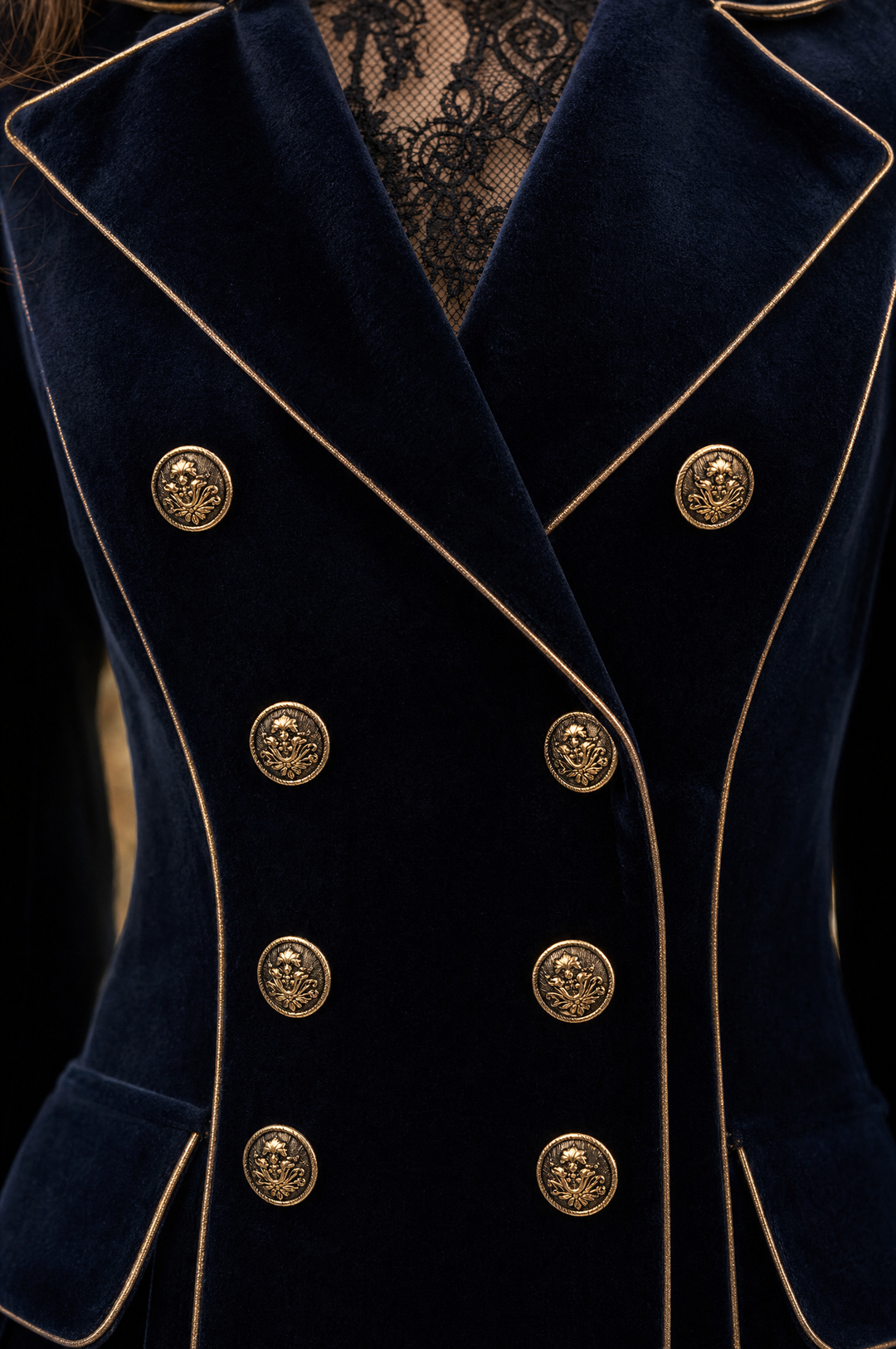 Navy Velvet Cuff Embroidery Double-Breasted Long Coat With Gold Piping