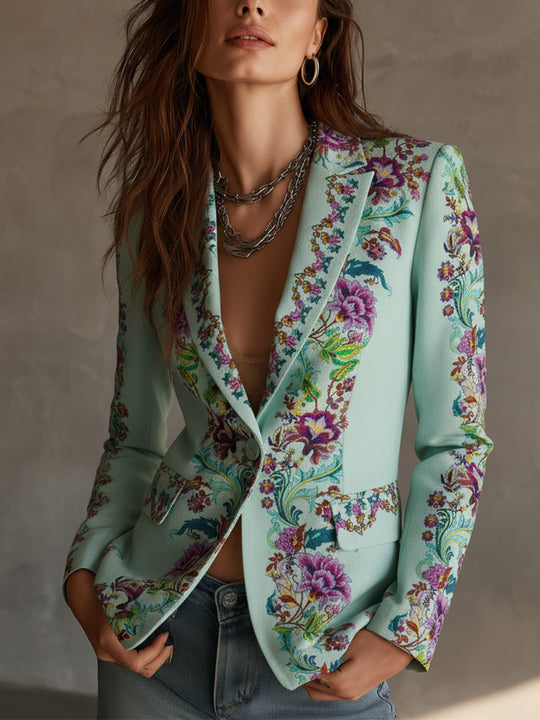 Retro Ethnic Style Printed Lapel Slim Fit Blazer