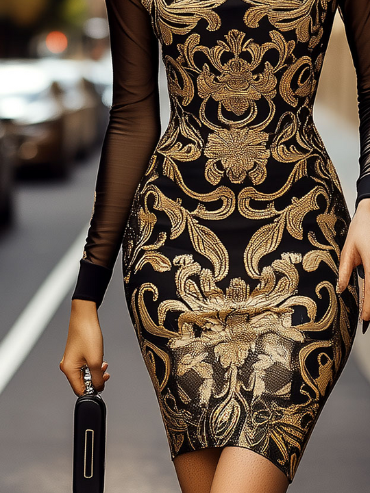 Elegant Mock Neck Sheer Sleeve Baroque Print Bodycon