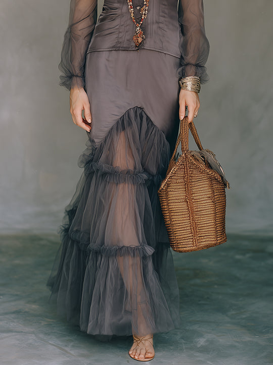 Retro Ruffled Mesh Patchwork Long Skirt