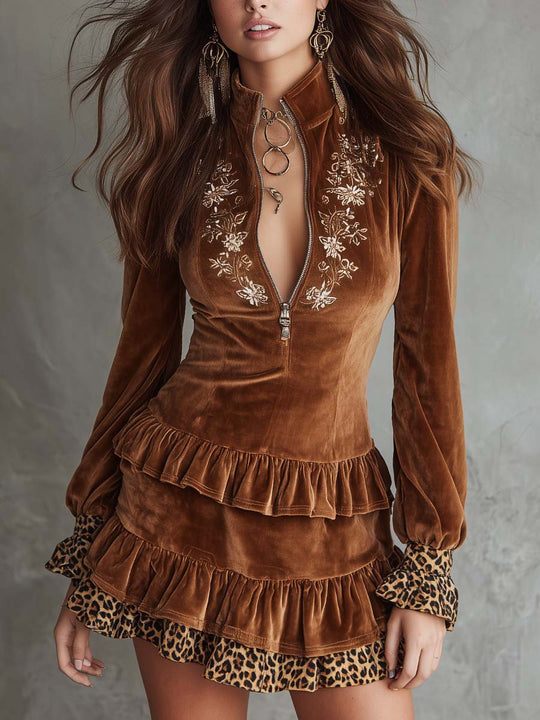 Embroidered Velvet Zip Mini Dress With Tiered Ruffles And Leopard Trim
