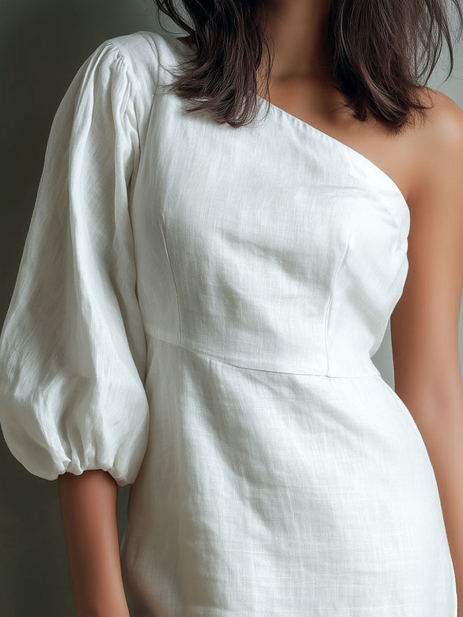 Boho White One-Shoulder Linen Mini Dress With Puff Sleeve