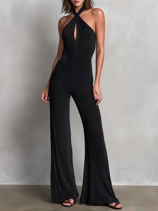Chic Black Metallic Halter Keyhole Front Wide-Leg Jumpsuit