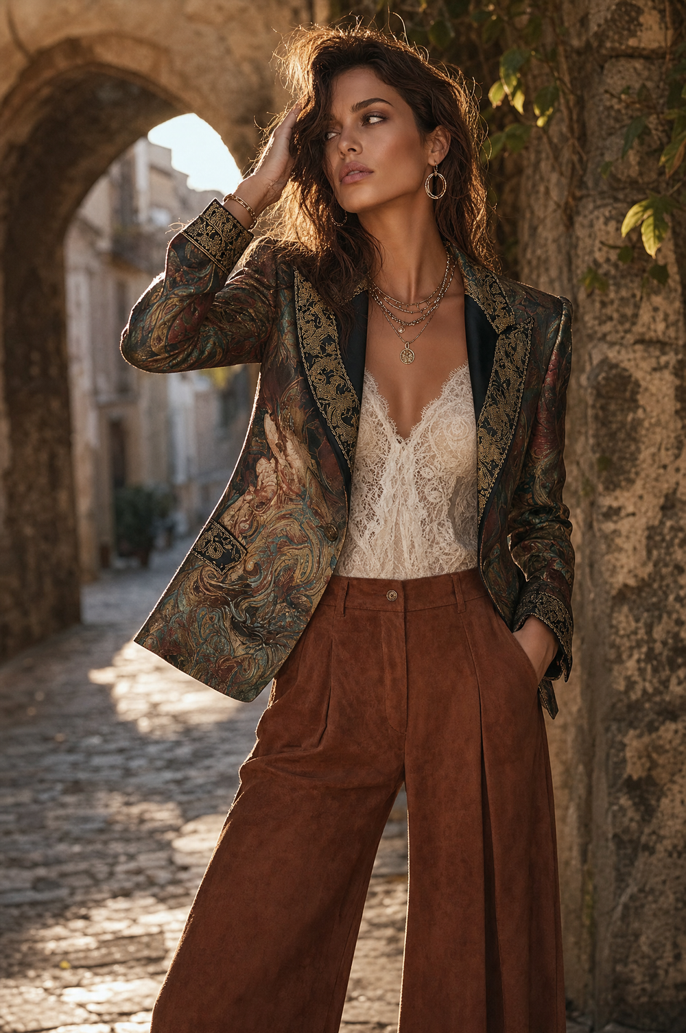 Bohemian Luxe Baroque Satin Printed Gold-Trim Tailored Blazer
