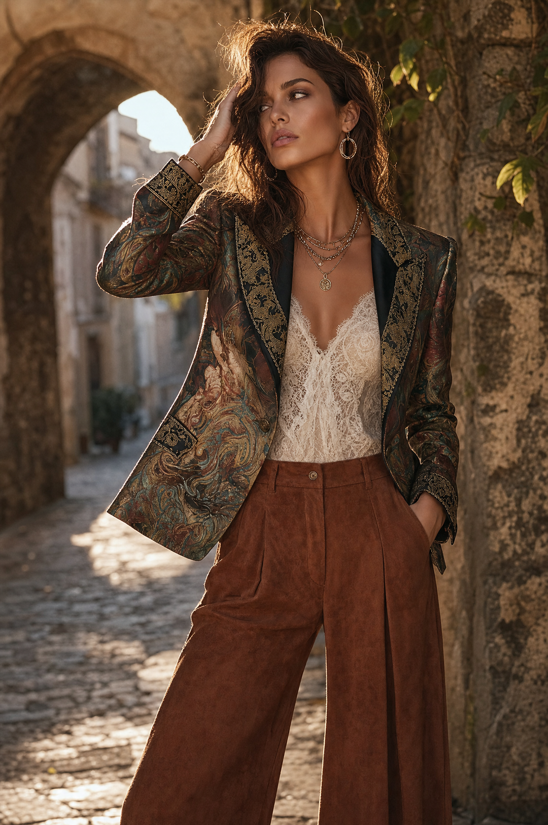 Bohemian Luxe Baroque Satin Printed Gold-Trim Tailored Blazer