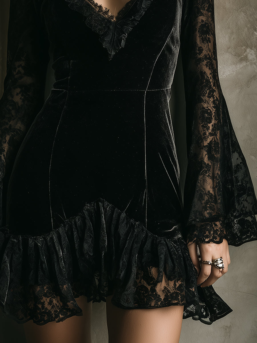 Retro Polyester Velvet Lace Bell Sleeve Mini Dress