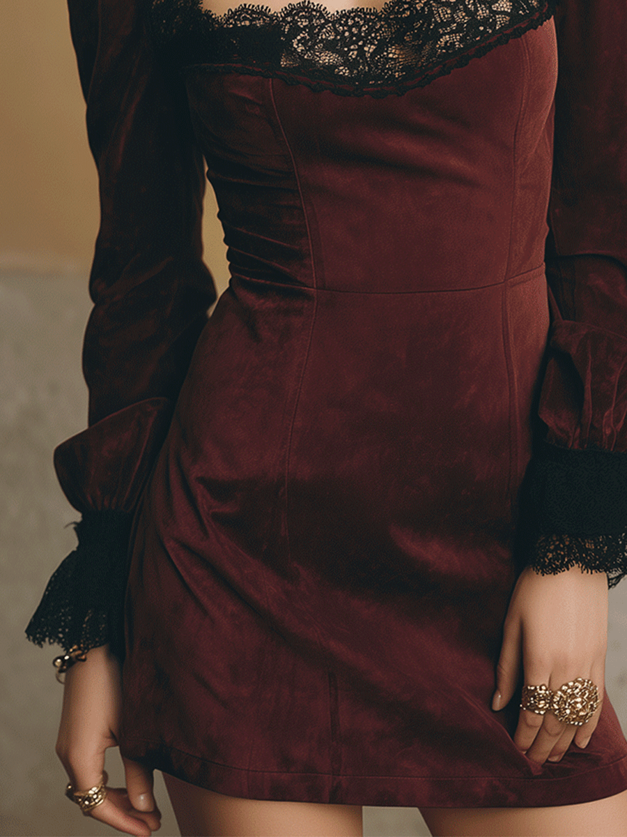 Romantic Lace Cuff Velvet Mini Dress