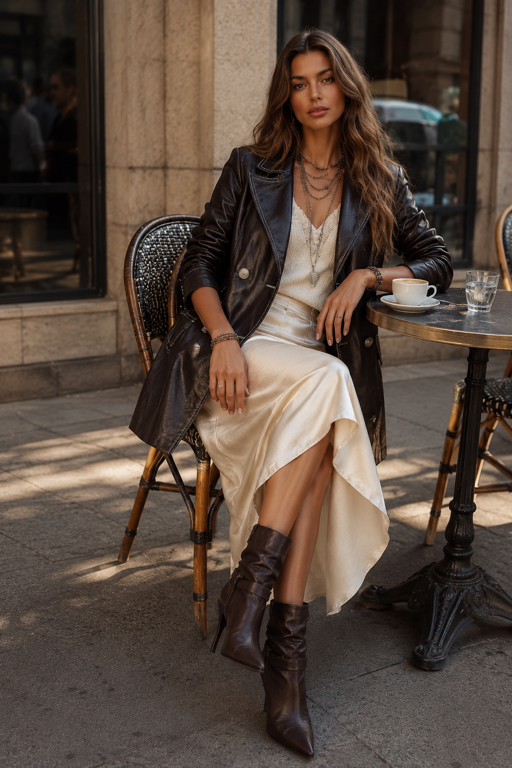 Vintage-style Black Eco-leather Double-breasted Trench Coat