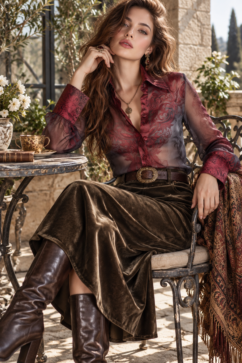 Vintage Damask Print Long-sleeved Single-breasted Tencel Blouse