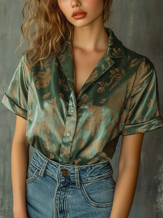 Satin Botanical Print Shirt in Emerald