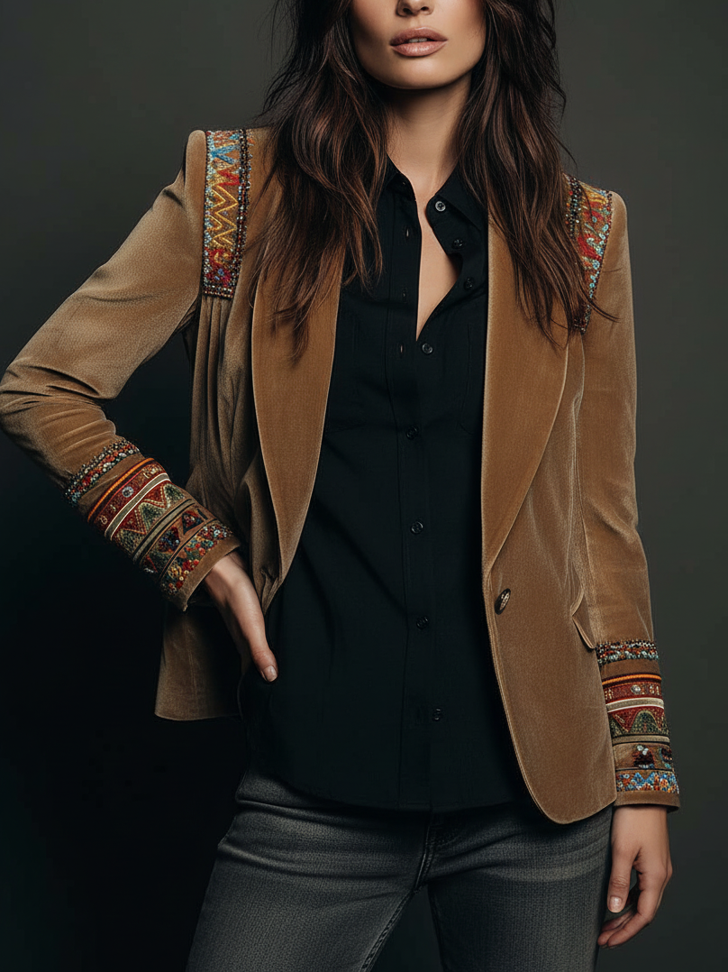 Velvet Embroidered Blazer With Bohemian Detailing