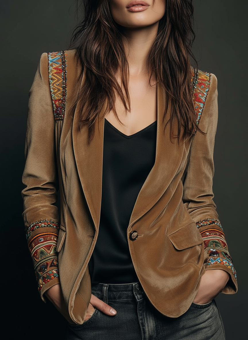 Velvet Embroidered Blazer With Bohemian Detailing