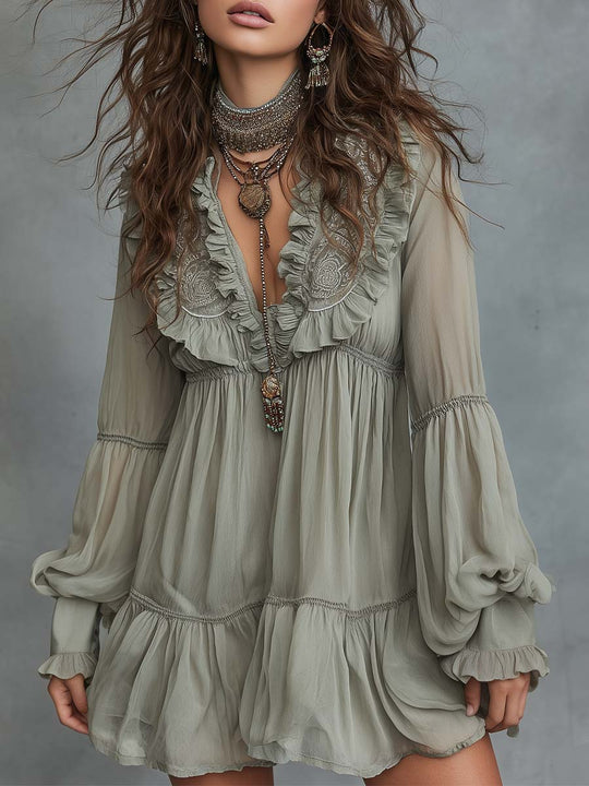 Embroidered V-Neck Chiffon Boho Mini Dress