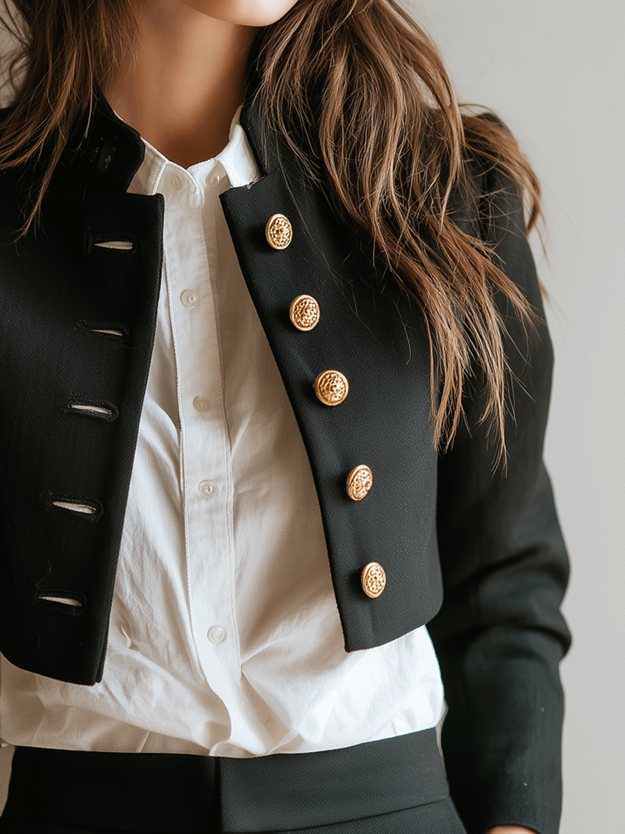 Modern Black Cropped Military Button Short Jacket