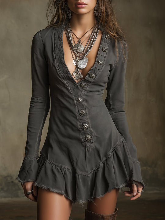 Bohemian Washed Ruffled Sleeves Raw Edge Mini Dress