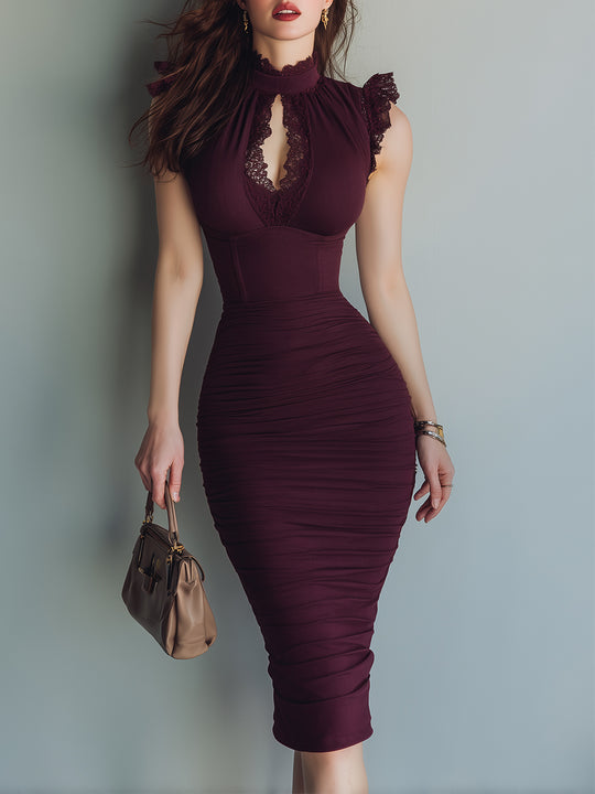 Elegant Keyhole Collar Hip Midi Dress With Lace