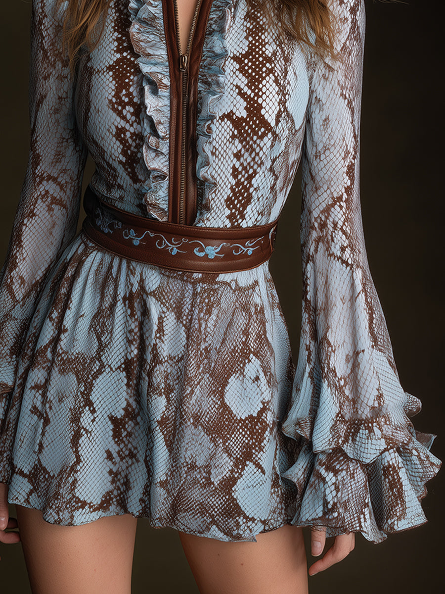 Bohemian Style Snake Print Embroidered Patchwork Chiffon Mini Dress