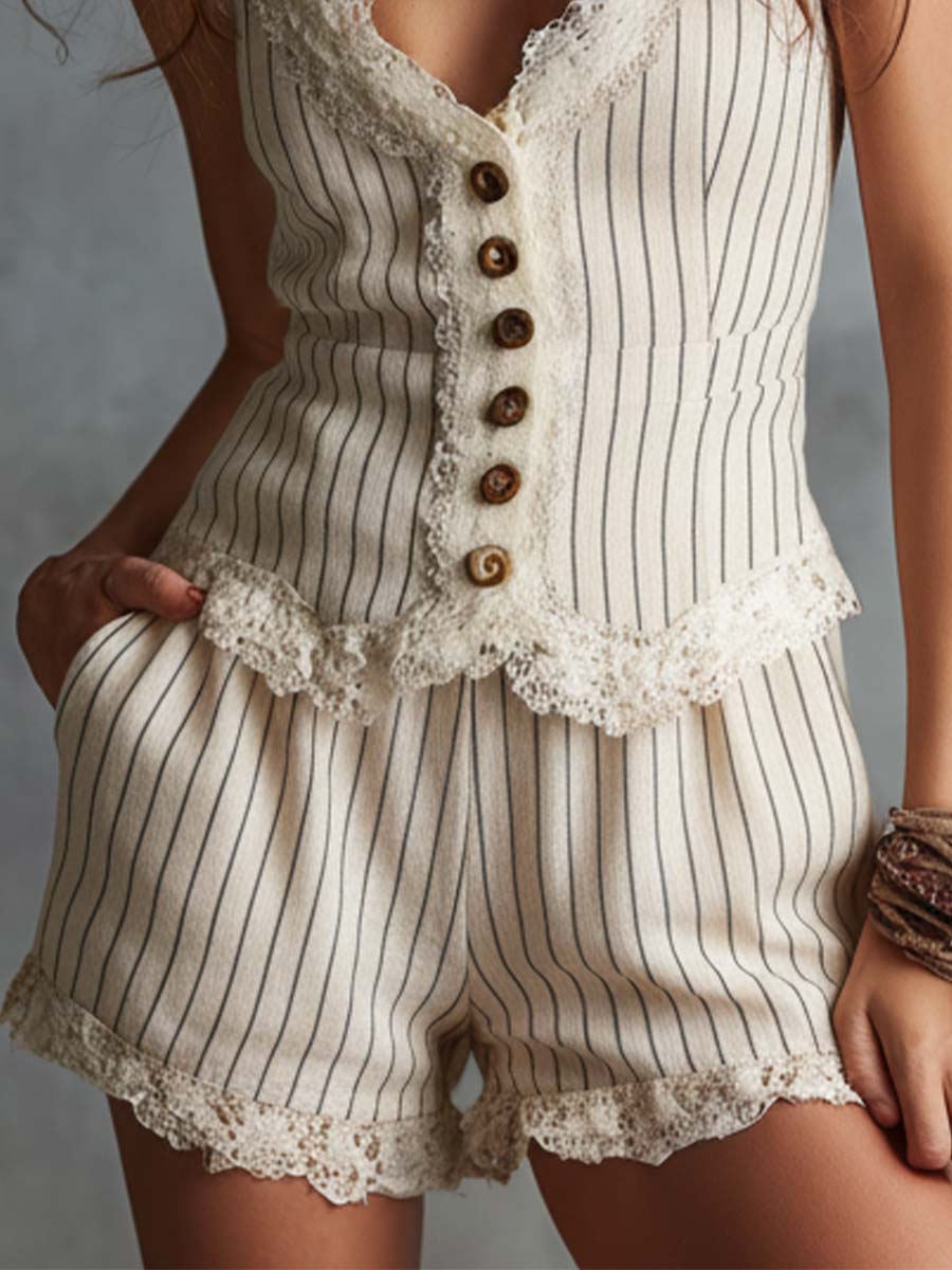 Striped Cotton-Linen Lace Trim Vest & Shorts Set