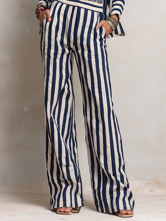 Retro Loose-fitting Cotton And Linen Striped Blouse