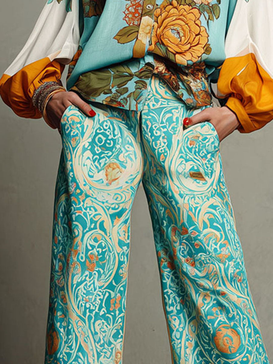 Artistic High-Waist Turquoise Baroque Print Wide-Leg Pants
