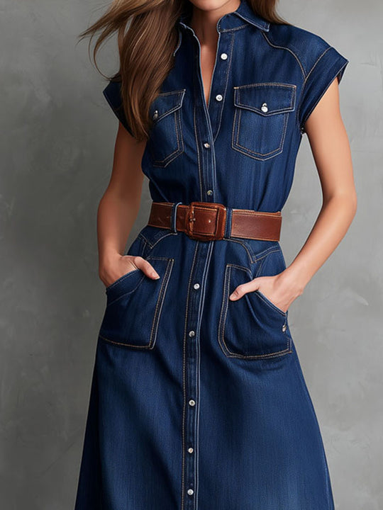 Retro Button-Front Denim Utility Pockets Shirt Midi Dress