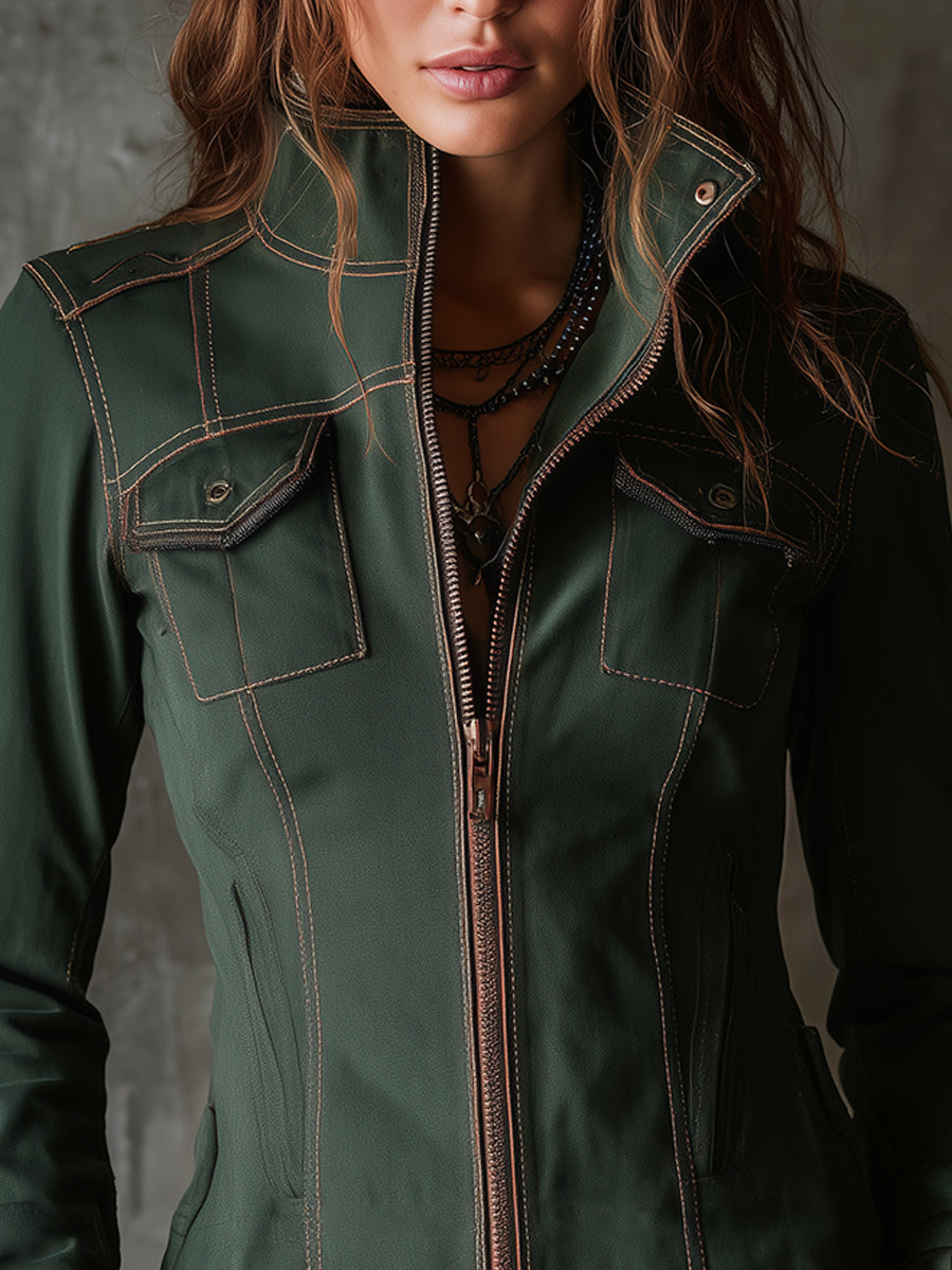 Retro Stand Collar Denim Jacket With Front Zipper And Flap Pockets