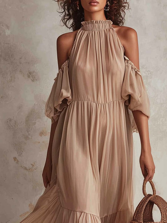 Retro Cold-shoulder Chiffon Midi Dress