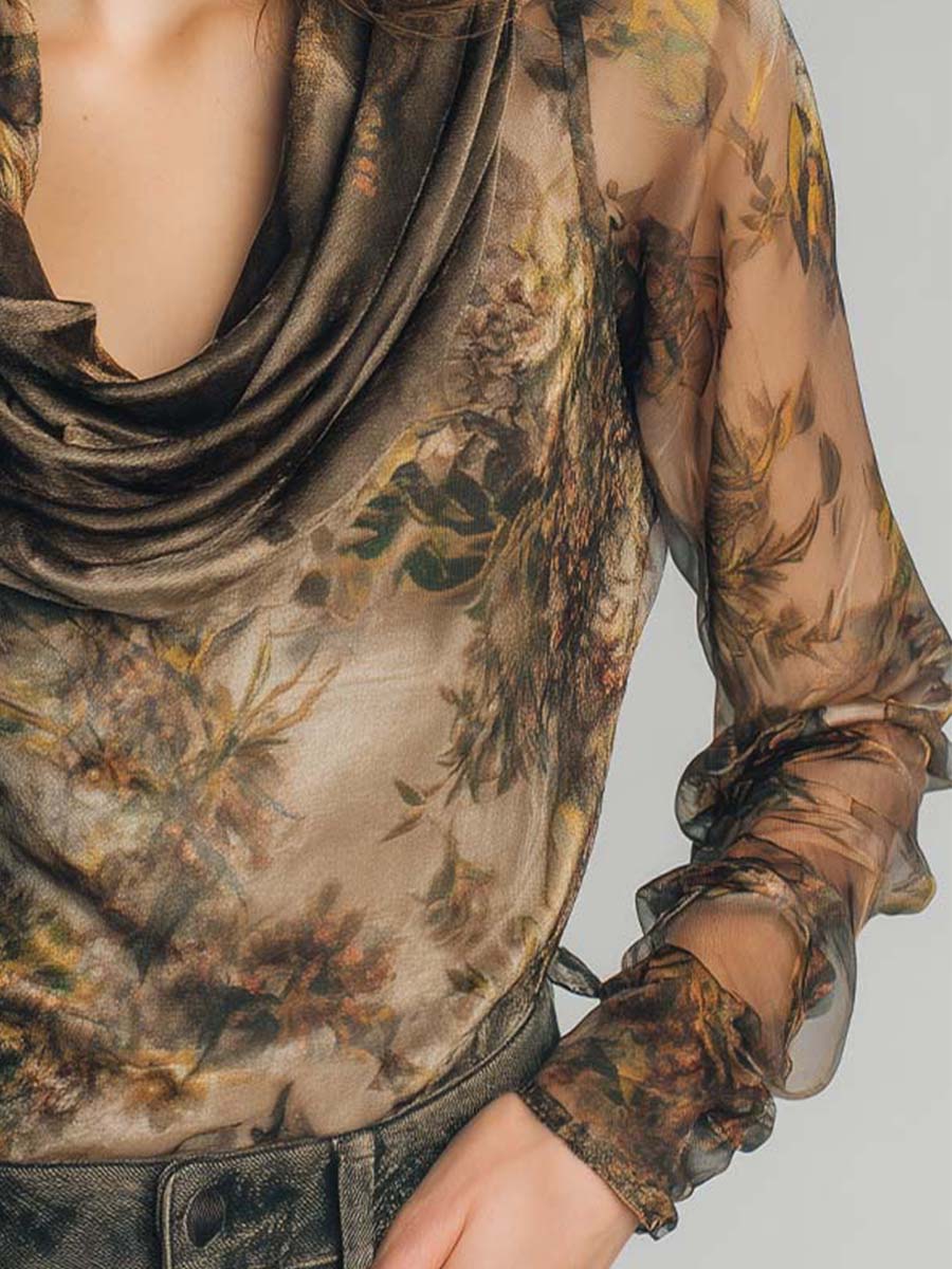 Sheer Floral Mesh Cowl-Neck Blouse With Soft Draping And Ruffled Sleeves