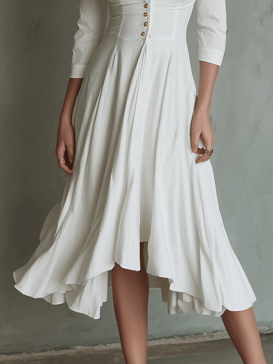 Elegance V-Neck Timeless Ivory Button Midi Dress