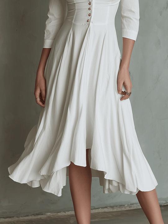 Elegance V-Neck Timeless Ivory Button Midi Dress