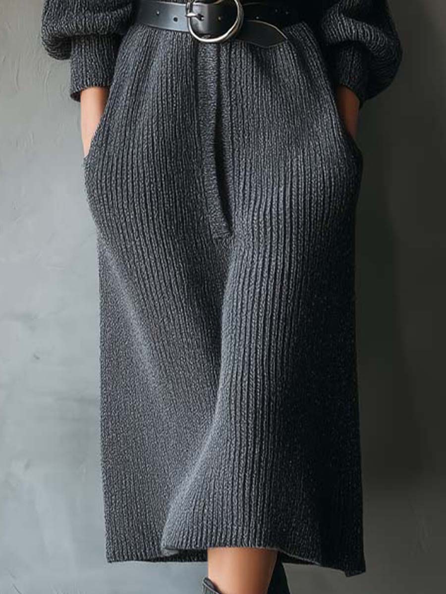 Ribbed Knit Oversized Maxi Dress With Statement Collar And Leather Belt