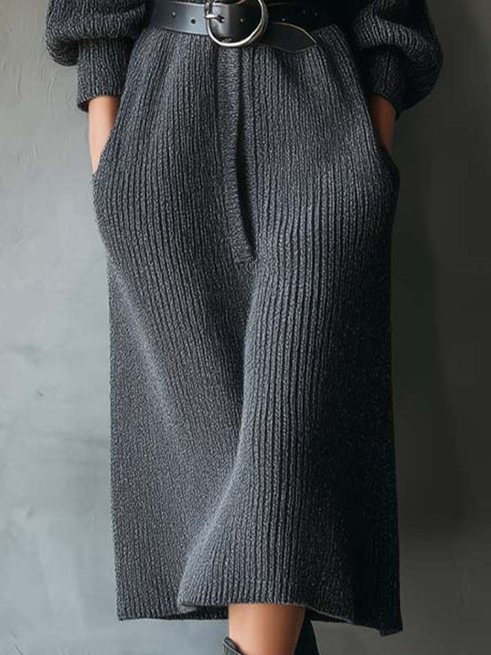 Ribbed Knit Oversized Maxi Dress With Statement Collar And Leather Belt