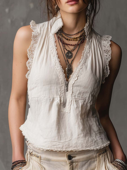 Vintage Zippered Collar Lace-trimmed Cotton Linen Tank Top