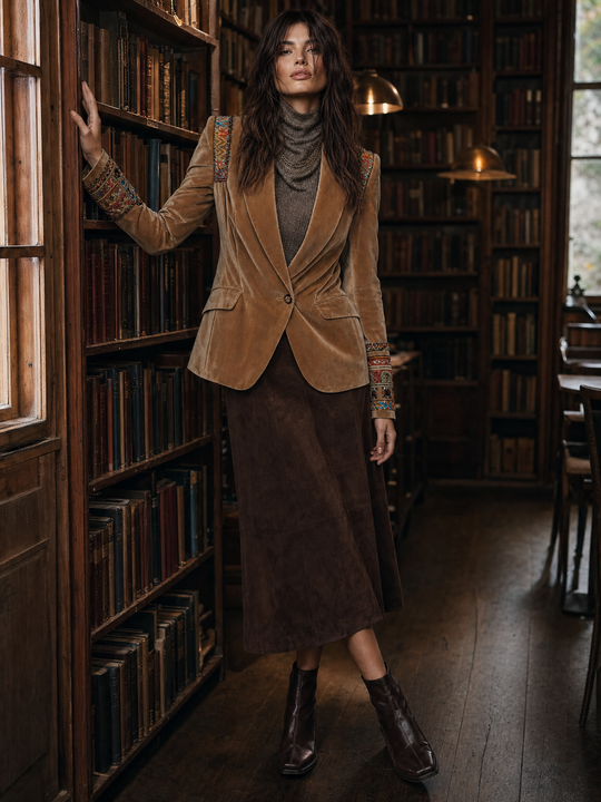Polyester velvet Embroidered Blazer With Bohemian Detailing