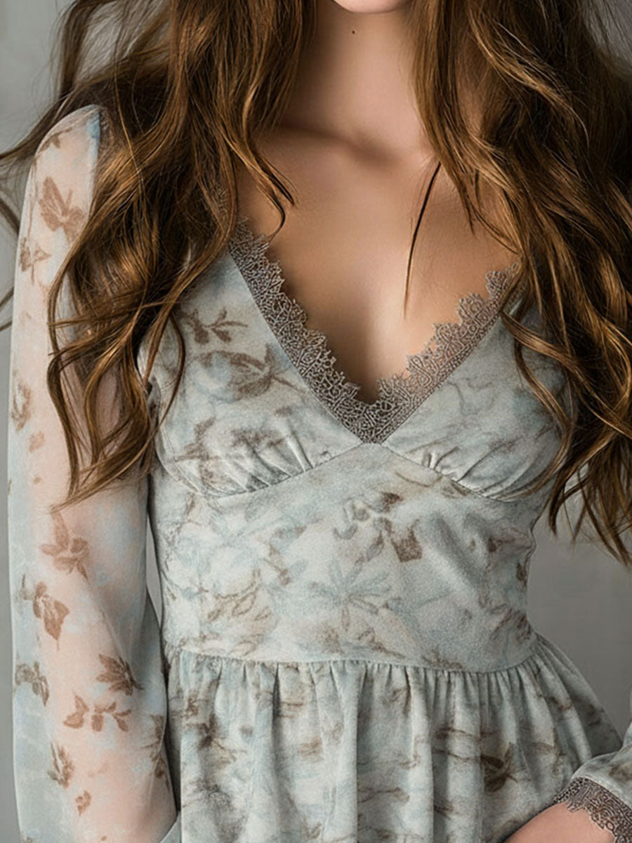 Elegant Dusty Blue Floral Lace-Trim Peplum Blouse With Sheer Sleeve