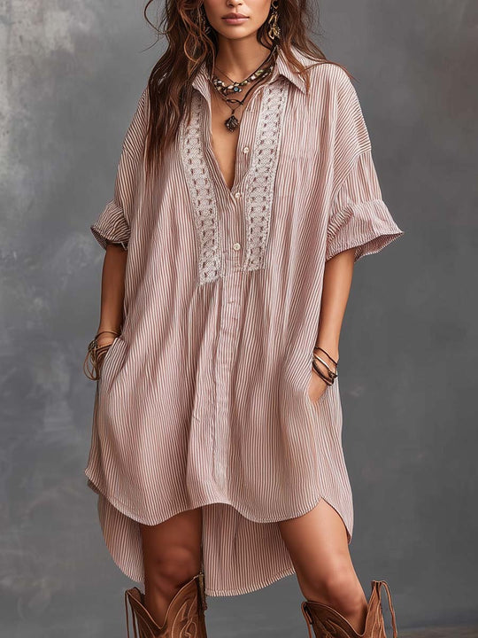 Retro Striped Lace Neck Short-sleeved Mini Dress