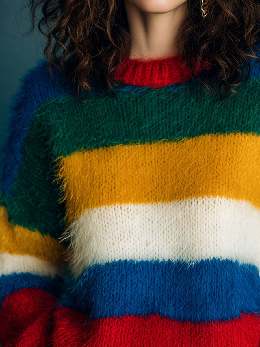 Retro Rainbow Colorblock Fuzzy Knit Sweater