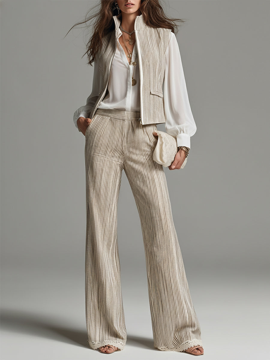 Elegant Cotton And Linen Striped Vest & Trousers Set With Lace Trim