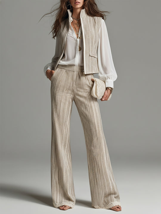 Elegant Cotton And Linen Striped Vest & Trousers Set With Lace Trim
